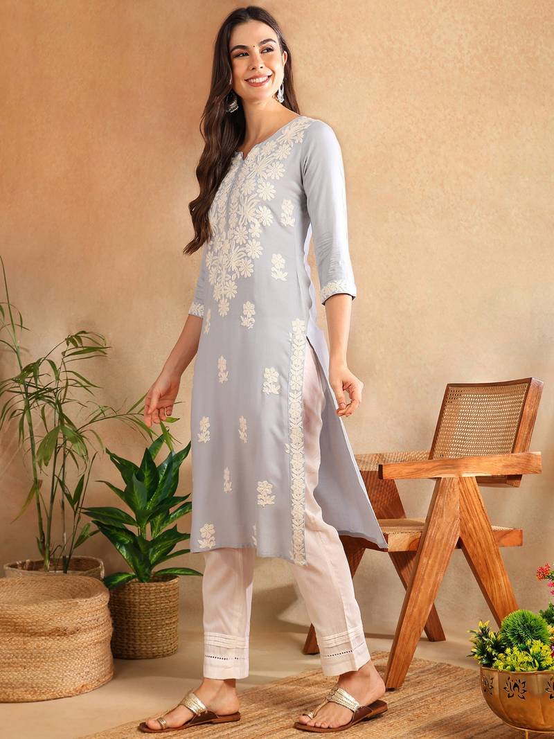 Women Blue color rayon blend embroidered fancy Only kurta