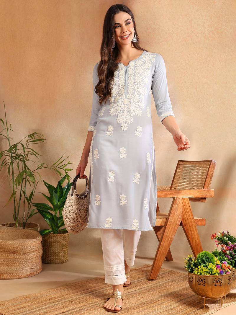 Women Blue color rayon blend embroidered fancy Only kurta