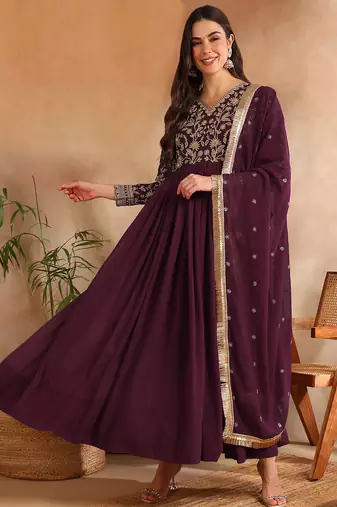 Burgundy color georgette embroidered fancy kurta with dupatta