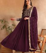 Burgundy color georgette embroidered fancy kurta with dupatta
