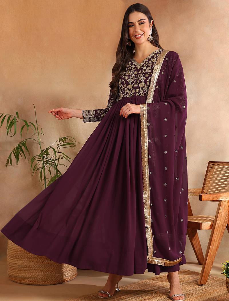 Burgundy color georgette embroidered fancy kurta with dupatta