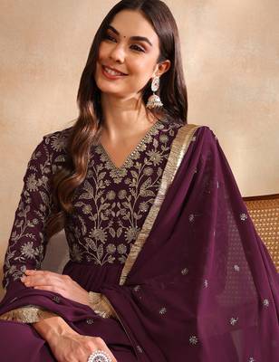 Burgundy color georgette embroidered fancy kurta with dupatta 2