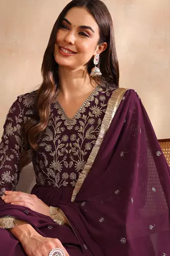Burgundy color georgette embroidered fancy kurta with dupatta