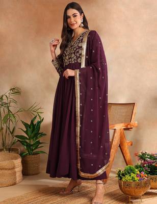Burgundy color georgette embroidered fancy kurta with dupatta 3