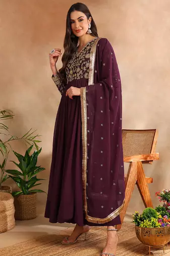 Burgundy color georgette embroidered fancy kurta with dupatta
