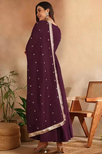 Burgundy color georgette embroidered fancy kurta with dupatta