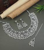 Silver oxidised traditional afghani floral design choker necklace jewellery set with earrings & maang tikka