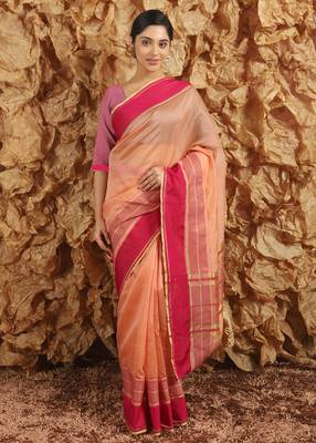 Women'S Peach Jacquard Silk Blend Mangalagiri Woven Checkered Saree With Unstitched Blouse Piece 1