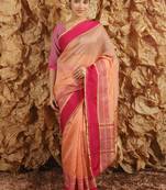 Women'S Peach Jacquard Silk Blend Mangalagiri Woven Checkered Saree With Unstitched Blouse Piece