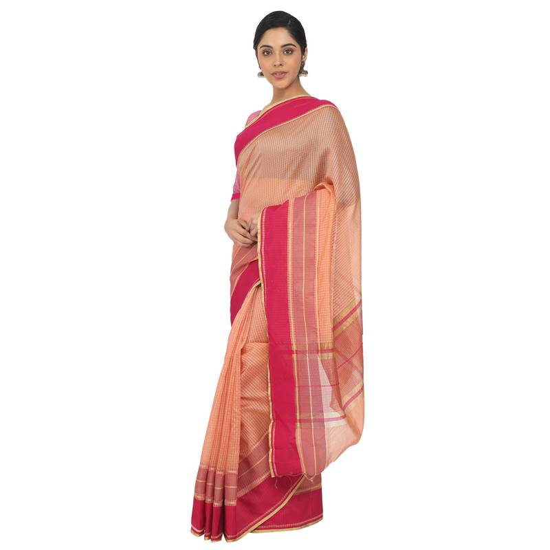 Women'S Peach Jacquard Silk Blend Mangalagiri Woven Checkered Saree With Unstitched Blouse Piece