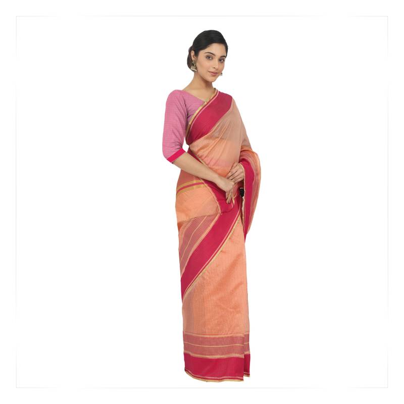 Women'S Peach Jacquard Silk Blend Mangalagiri Woven Checkered Saree With Unstitched Blouse Piece