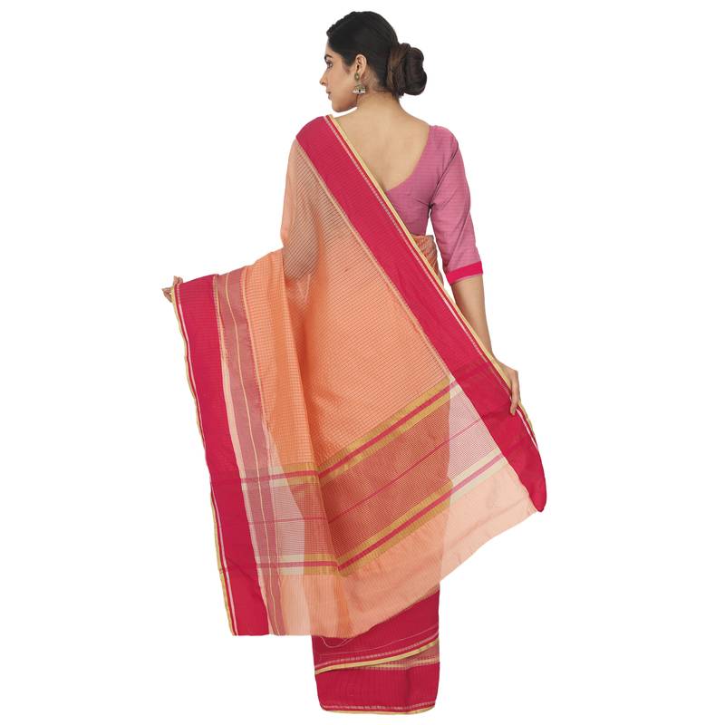 Women'S Peach Jacquard Silk Blend Mangalagiri Woven Checkered Saree With Unstitched Blouse Piece