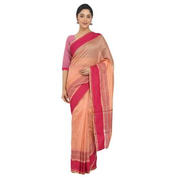 Women'S Peach Jacquard Silk Blend Mangalagiri Woven Checkered Saree With Unstitched Blouse Piece 5