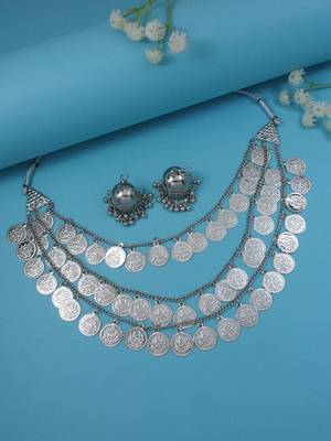 silver oxidised traditional south indian style multilayered coin necklace jewellery with earrings for women 1