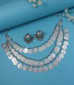 silver oxidised traditional south indian style multilayered coin necklace jewellery with earrings for women