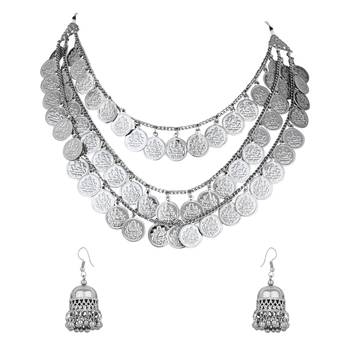 silver oxidised traditional south indian style multilayered coin necklace jewellery with earrings for women 2
