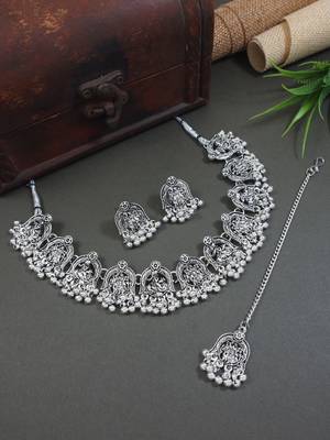Ethnic stylish silver oxidised radha krishna design choker necklace jewellery set with earrings & maang tikka set 1