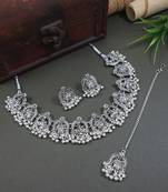 Ethnic stylish silver oxidised radha krishna design choker necklace jewellery set with earrings & maang tikka set