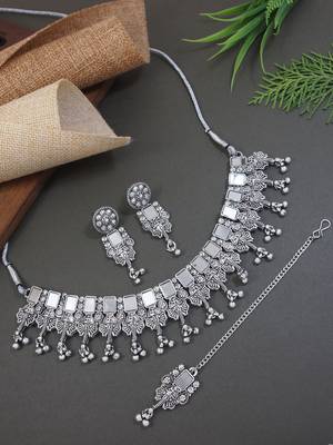Ethnic stylish boho silver oxidised mirror work choker necklace jewellery set with earrings & maang tikka 1