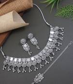 Ethnic stylish boho silver oxidised mirror work choker necklace jewellery set with earrings & maang tikka