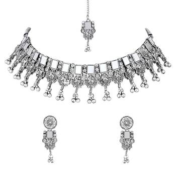 Ethnic stylish boho silver oxidised mirror work choker necklace jewellery set with earrings & maang tikka 2