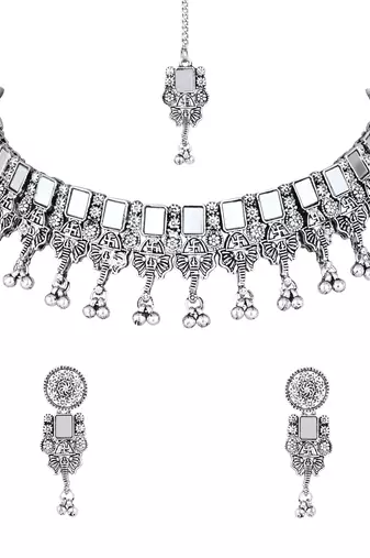 Ethnic stylish boho silver oxidised mirror work choker necklace jewellery set with earrings & maang tikka