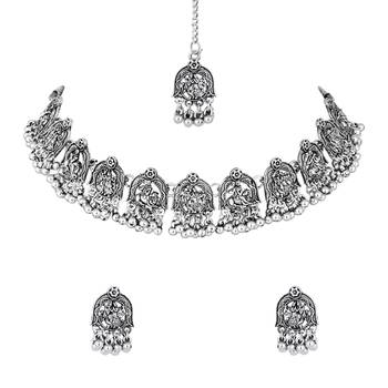 Ethnic stylish silver oxidised radha krishna design choker necklace jewellery set with earrings & maang tikka set 2