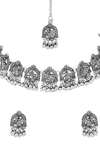 Ethnic stylish silver oxidised radha krishna design choker necklace jewellery set with earrings & maang tikka set