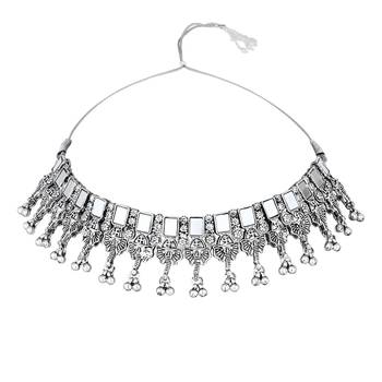 Ethnic stylish boho silver oxidised mirror work choker necklace jewellery set with earrings & maang tikka 3
