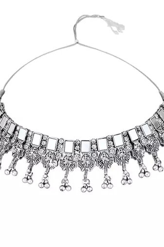 Ethnic stylish boho silver oxidised mirror work choker necklace jewellery set with earrings & maang tikka