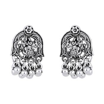 Ethnic stylish silver oxidised radha krishna design choker necklace jewellery set with earrings & maang tikka set 3
