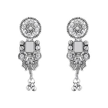Ethnic stylish boho silver oxidised mirror work choker necklace jewellery set with earrings & maang tikka 4