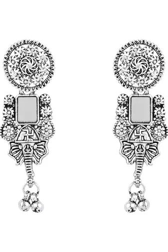 Ethnic stylish boho silver oxidised mirror work choker necklace jewellery set with earrings & maang tikka