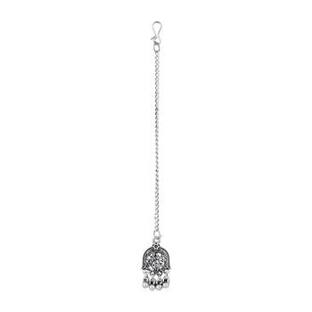 Ethnic stylish silver oxidised radha krishna design choker necklace jewellery set with earrings & maang tikka set 4