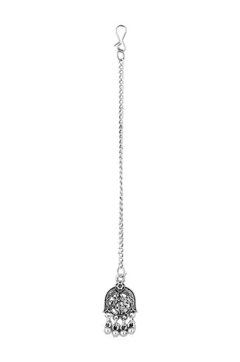 Ethnic stylish silver oxidised radha krishna design choker necklace jewellery set with earrings & maang tikka set