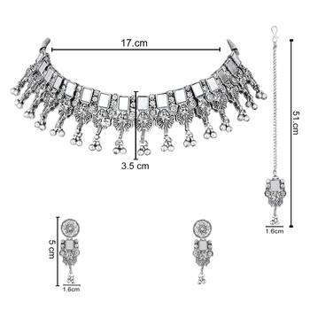 Ethnic stylish boho silver oxidised mirror work choker necklace jewellery set with earrings & maang tikka 5