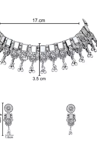 Ethnic stylish boho silver oxidised mirror work choker necklace jewellery set with earrings & maang tikka