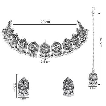 Ethnic stylish silver oxidised radha krishna design choker necklace jewellery set with earrings & maang tikka set 5