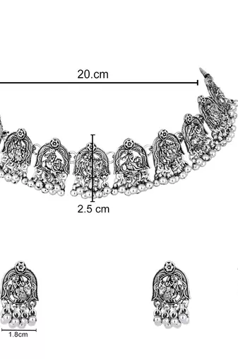 Ethnic stylish silver oxidised radha krishna design choker necklace jewellery set with earrings & maang tikka set
