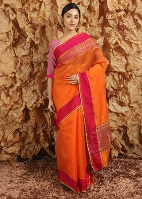Women'S Orange Jacquard Silk Blend Mangalagiri Woven Checkered Saree With Unstitched Blouse Piece 1