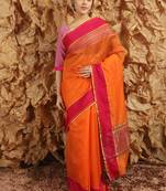 Women'S Orange Jacquard Silk Blend Mangalagiri Woven Checkered Saree With Unstitched Blouse Piece