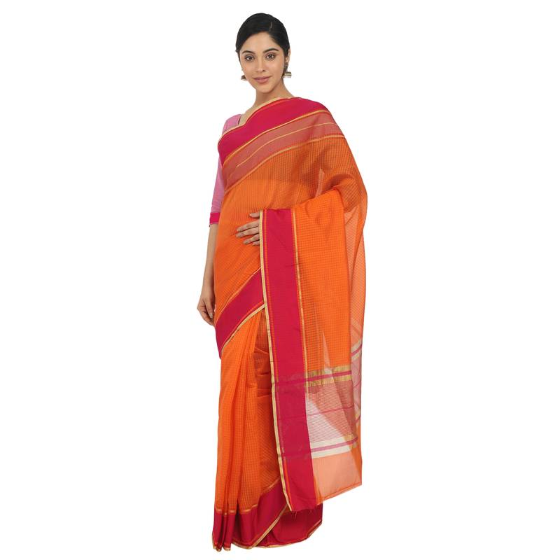 Women'S Orange Jacquard Silk Blend Mangalagiri Woven Checkered Saree With Unstitched Blouse Piece
