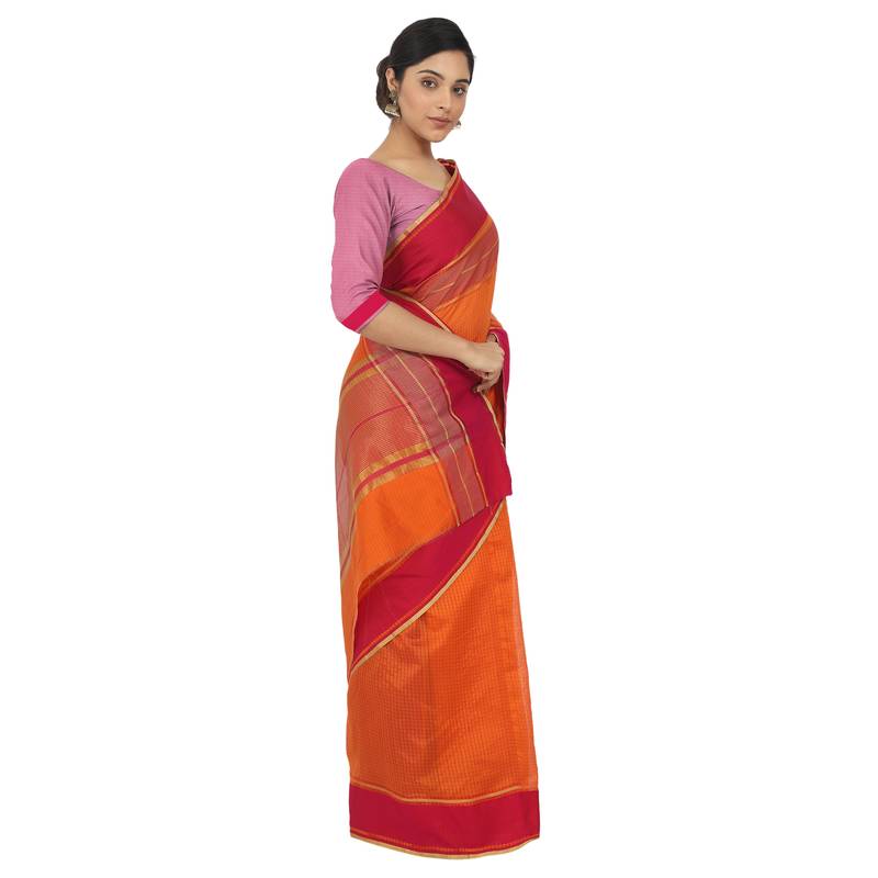 Women'S Orange Jacquard Silk Blend Mangalagiri Woven Checkered Saree With Unstitched Blouse Piece