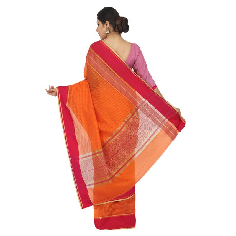 Women'S Orange Jacquard Silk Blend Mangalagiri Woven Checkered Saree With Unstitched Blouse Piece