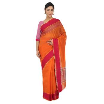 Women'S Orange Jacquard Silk Blend Mangalagiri Woven Checkered Saree With Unstitched Blouse Piece 5