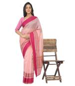 Women'S Baby Pink Jacquard Silk Blend Mangalagiri Woven Checkered Saree With Unstitched Blouse Piece