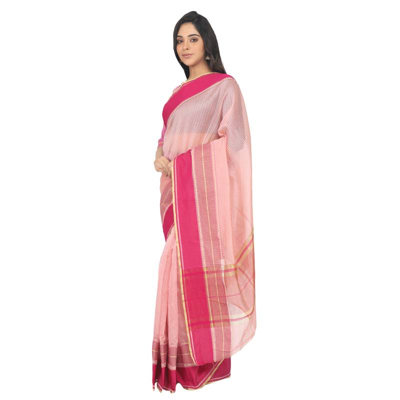 Women'S Baby Pink Jacquard Silk Blend Mangalagiri Woven Checkered Saree With Unstitched Blouse Piece