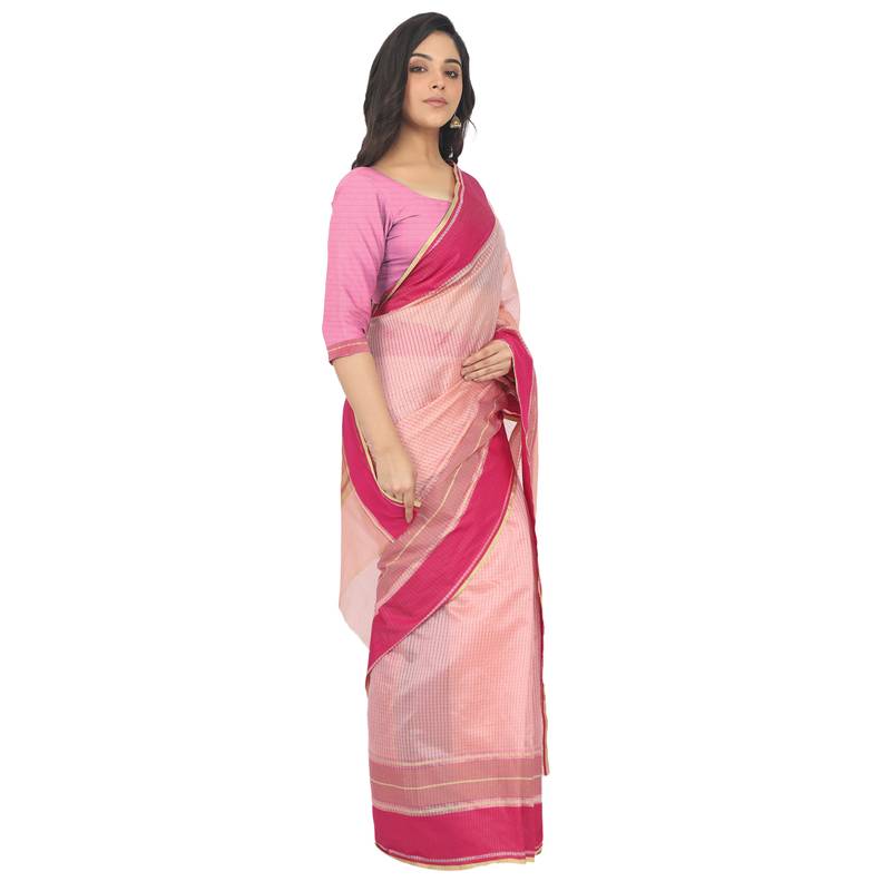 Women'S Baby Pink Jacquard Silk Blend Mangalagiri Woven Checkered Saree With Unstitched Blouse Piece