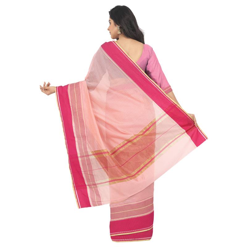 Women'S Baby Pink Jacquard Silk Blend Mangalagiri Woven Checkered Saree With Unstitched Blouse Piece