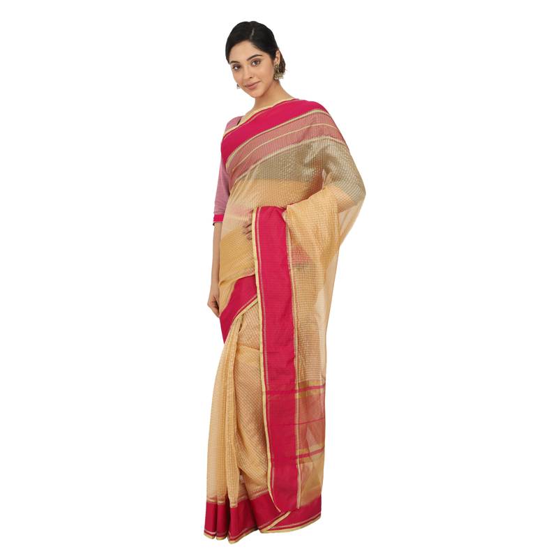 Women'S Yellow Jacquard Silk Blend Mangalagiri Woven Checkered Saree With Unstitched Blouse Piece
